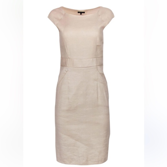 Theory Cap Sleeve Tan Linen Pencil Midi Dress, with pockets side zipper Size 2 - Picture 1 of 10